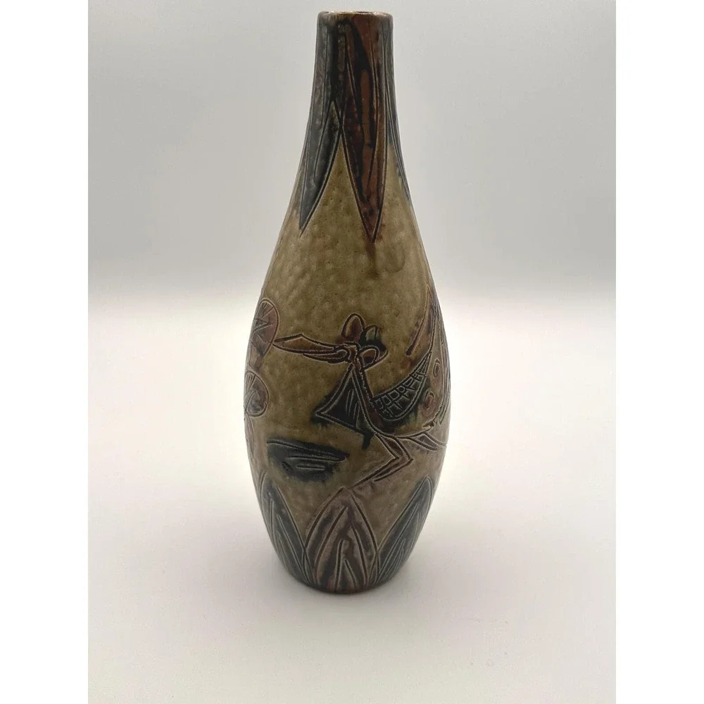 Vintage Otagiri OMC Japan Pottery Vase Abstract Bird Flower Design